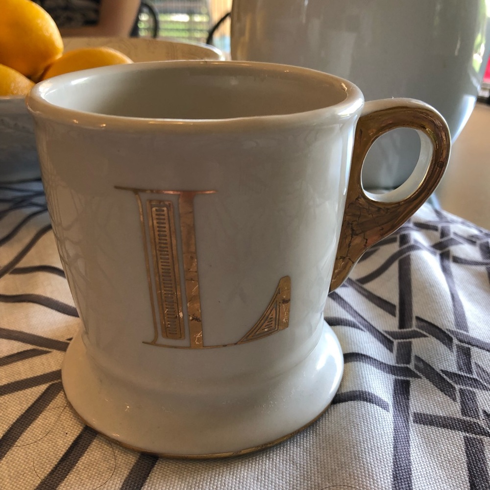 Anthropologie Bird Label Gold “L” Monogram Mug